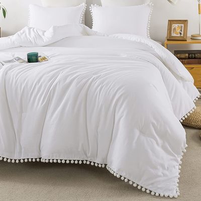 130 * 70 Densità di tessuto Bianco Pom Pom Fringe Copertura di copriletto e cuscino Set 3 pezzi