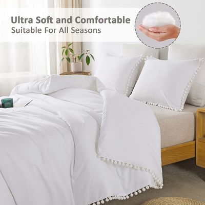 130 * 70 Densità di tessuto Bianco Pom Pom Fringe Copertura di copriletto e cuscino Set 3 pezzi