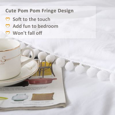 130 * 70 Densità di tessuto Bianco Pom Pom Fringe Copertura di copriletto e cuscino Set 3 pezzi